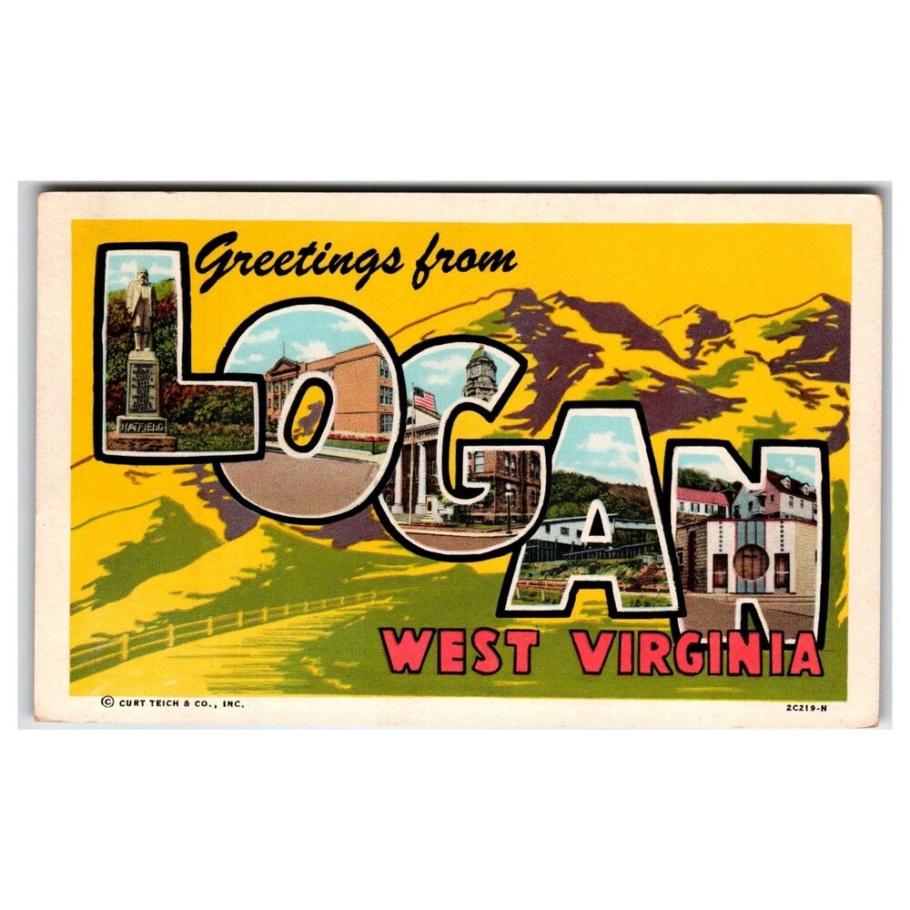 Greetings from Logan West Virginia Large Letter Linen Postcard 1952 Hatfield